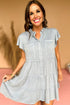 Mineral Washed Ruffle Sleeve Tiered Chambray Dress